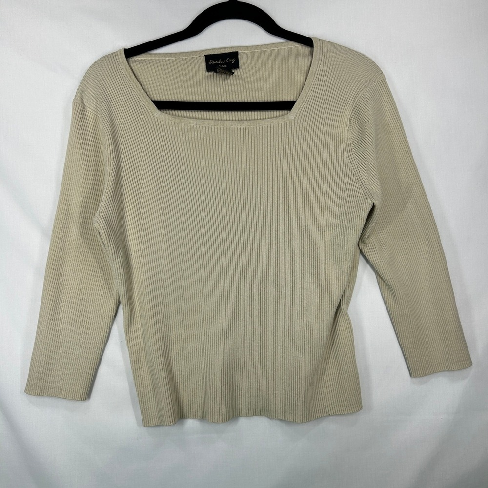 Vintage Sandra King Silk Blend Ribbed Sweater – Beige Square Neck Top (P/S)
